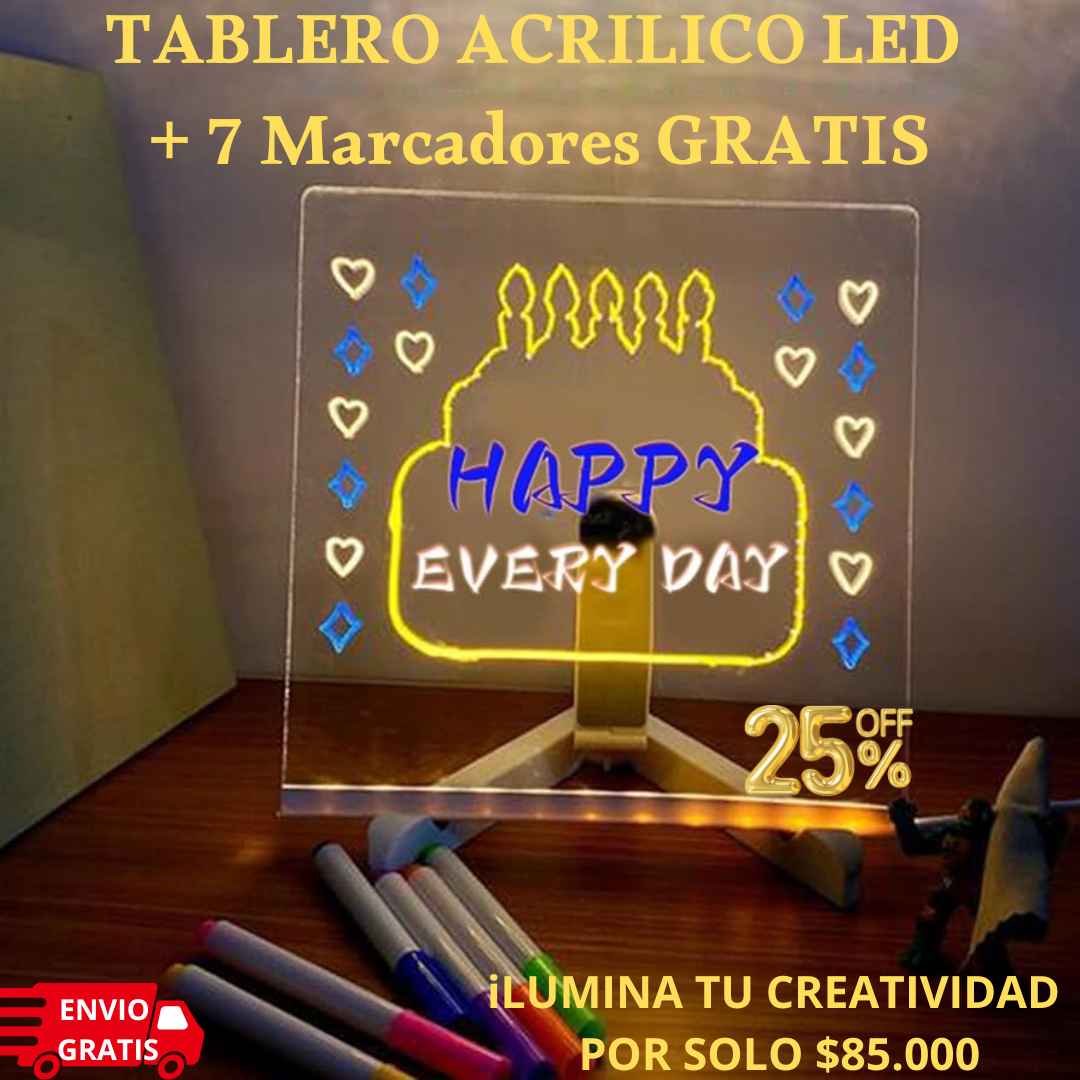 Tablero Acrílico LED + 7 Marcadores – ¡Solo Hoy $85.000!