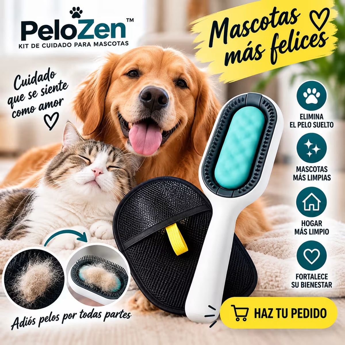 Kit PeloZen™ Guante + Cepillo 3 en 1 para perros y gatos.