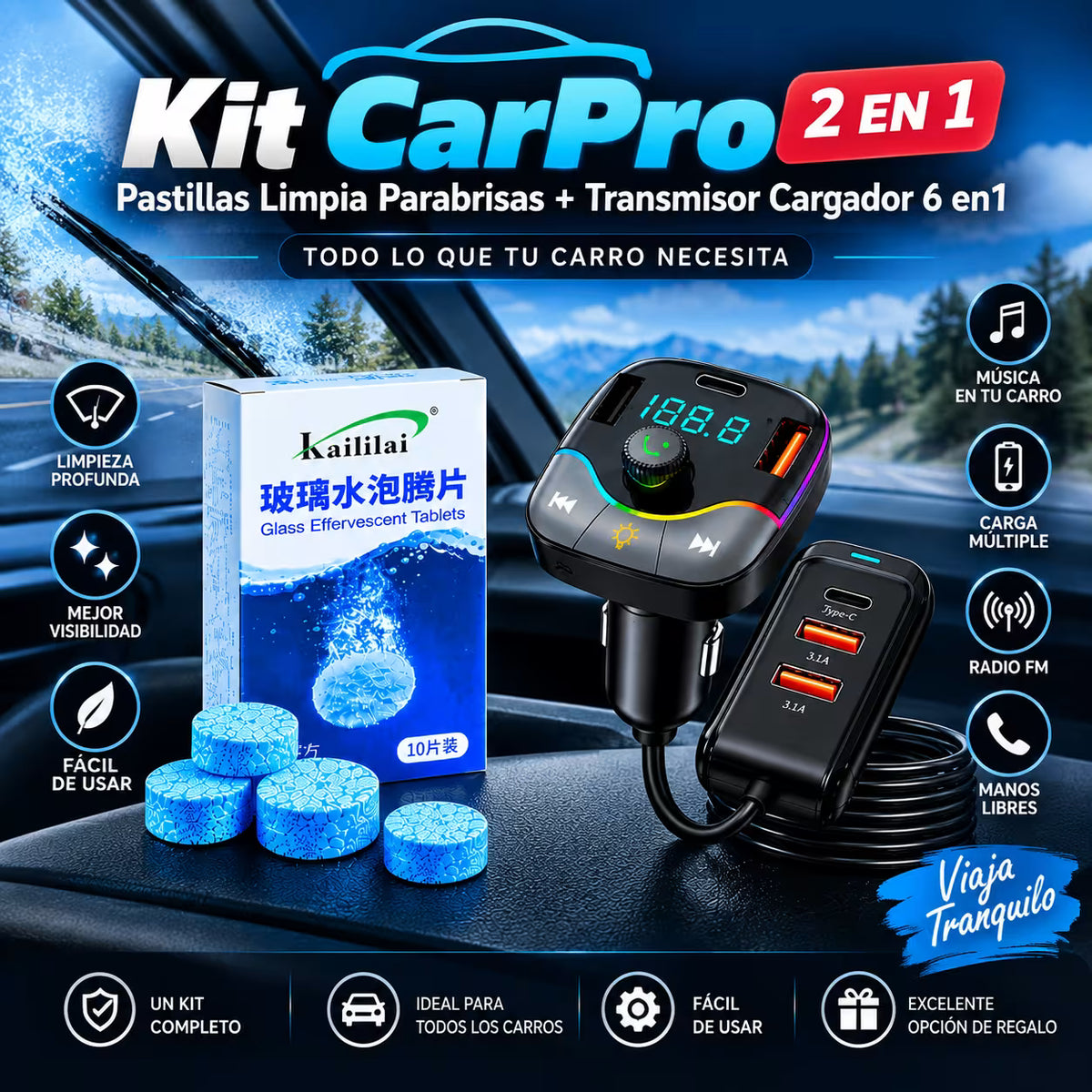 🚗 Kit CarPro Pastillas Limpia Parabrisas + Transmisor Cargador 6 en1