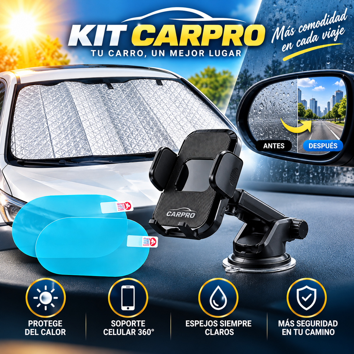 🚗 KIT Protector Parabrisas + Soporte 360°  🎁 Antiempañante GRATIS