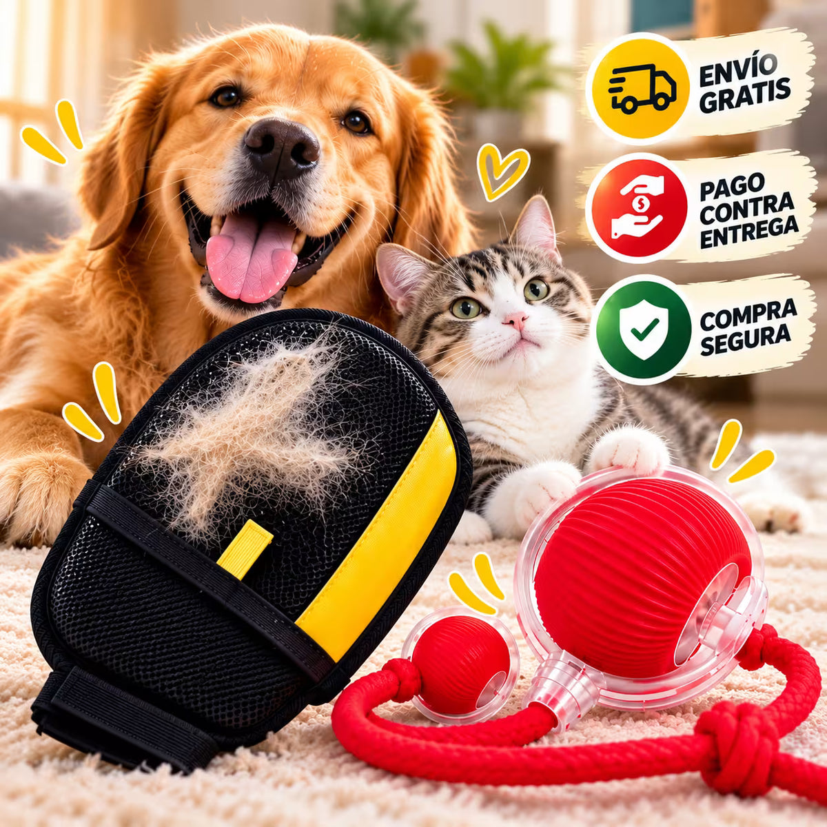 KIT MASCOTA FELIZ PELOTA + GUANTE QUITA PELO
